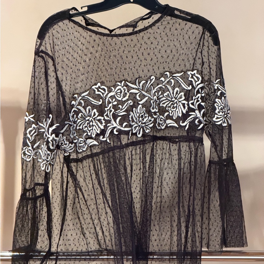 Elegant Black Sheer Embroidered Blouse